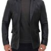 Men Two Button Black Real Leather Blazer