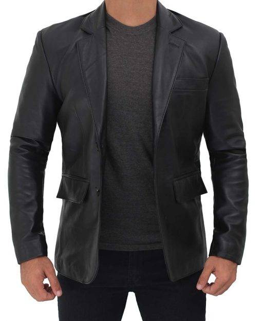 Men Two Button Black Real Leather Blazer